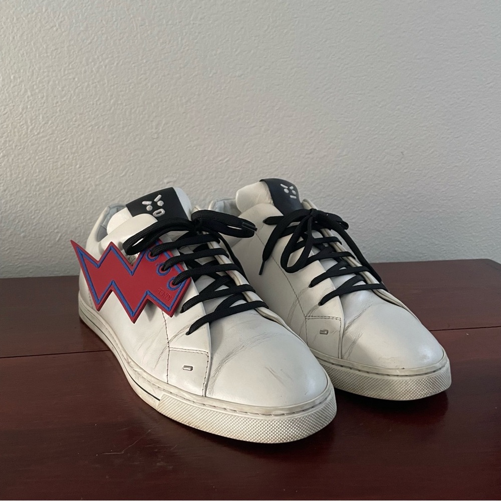 Fendi White Sneakers with Red and Blue Lightning Detail